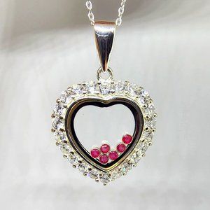 Sterling Silver Floating Heart Window Ruby Stones Crystal Accent 18" Necklace